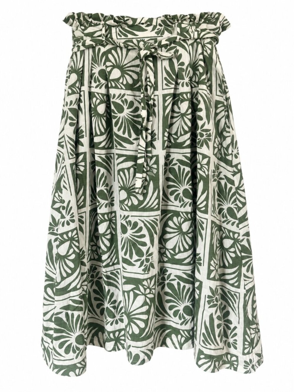 Alice Blue Tropical Paperbag Waist Midi Skirt Pockets Size Large
